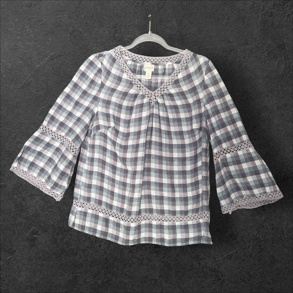 Chicos Size 1 M Shirt Plaid 100% Linen Blouse V-Neck Bell Sleeve Purple‎ Crochet